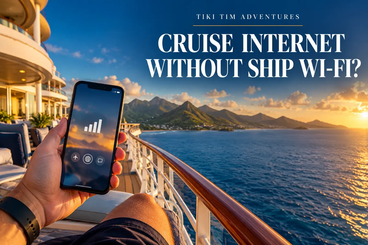 Traveler checking a smartphone on a cruise ship deck at sunset, with ocean and mountainous islands beyond