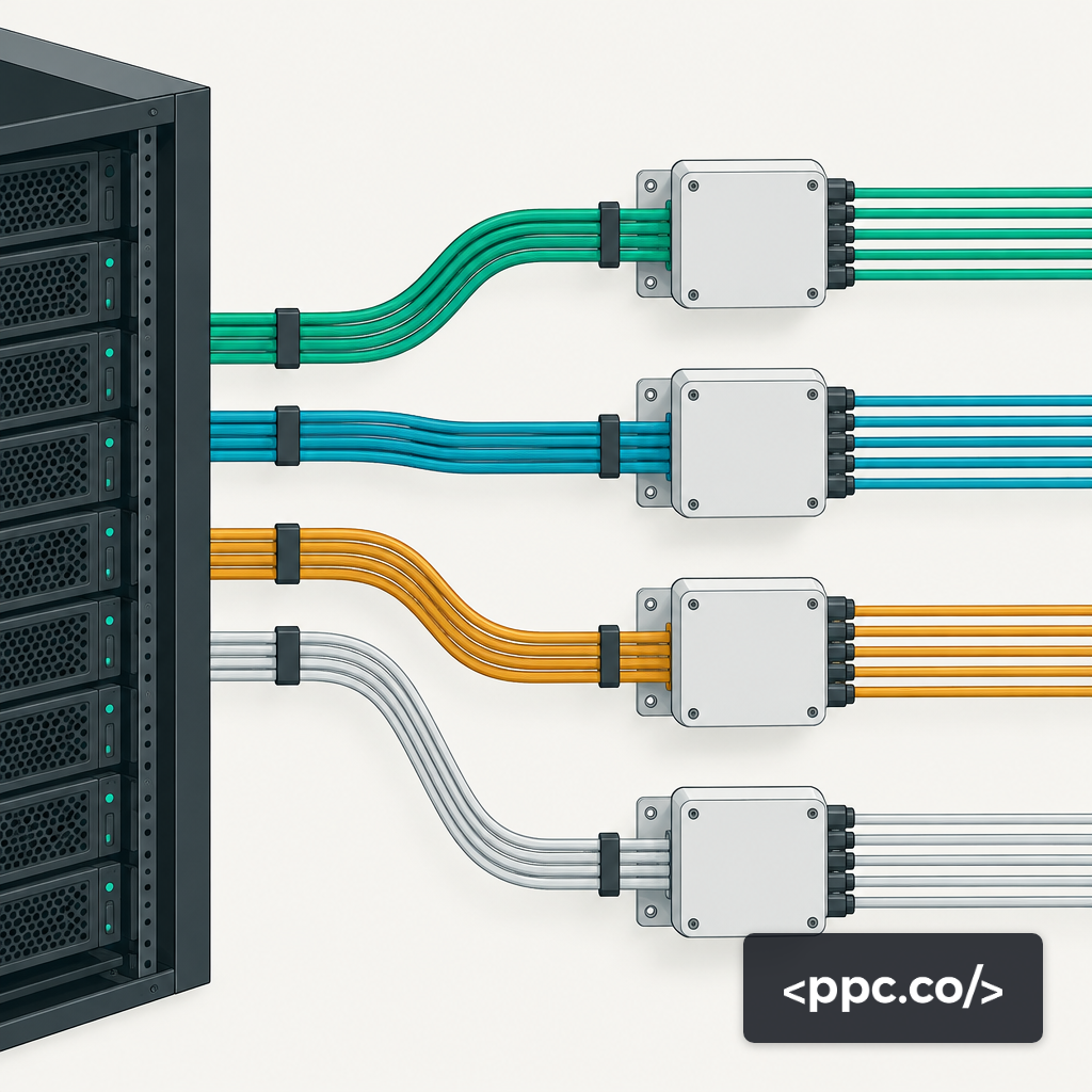 Color-coded cables routed from a server into separate junction boxes, representing a modular script architecture