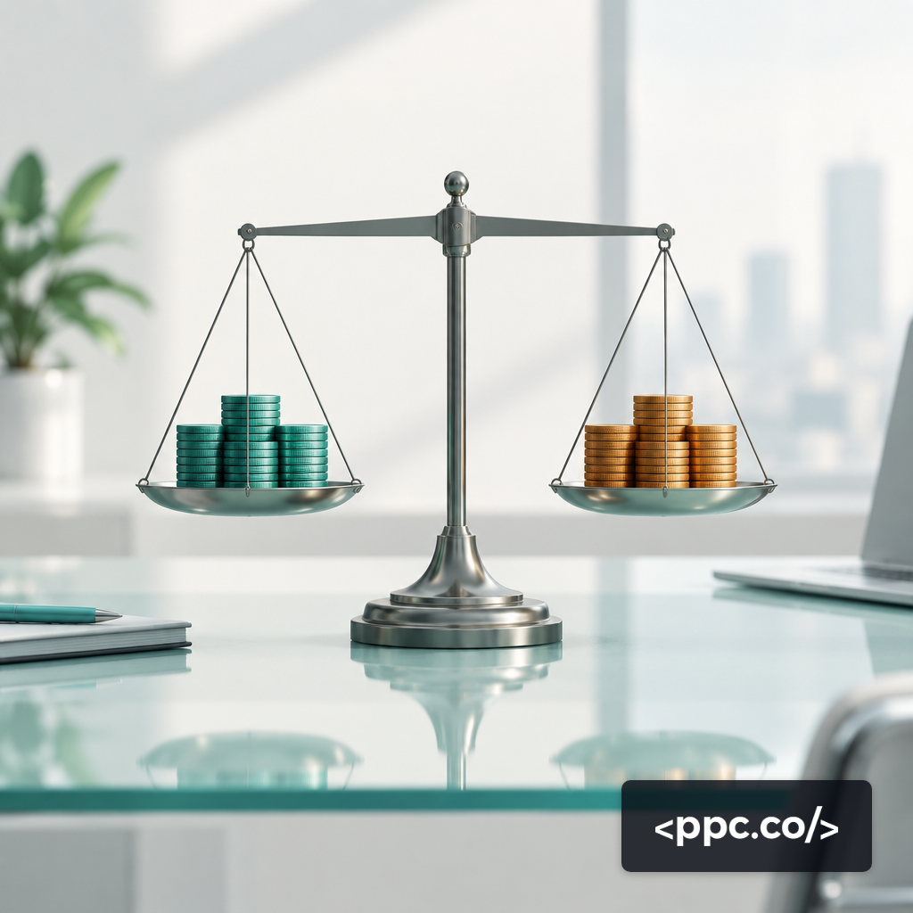 A balanced metal scale on a desk, representing a budget allocation decision between two options.