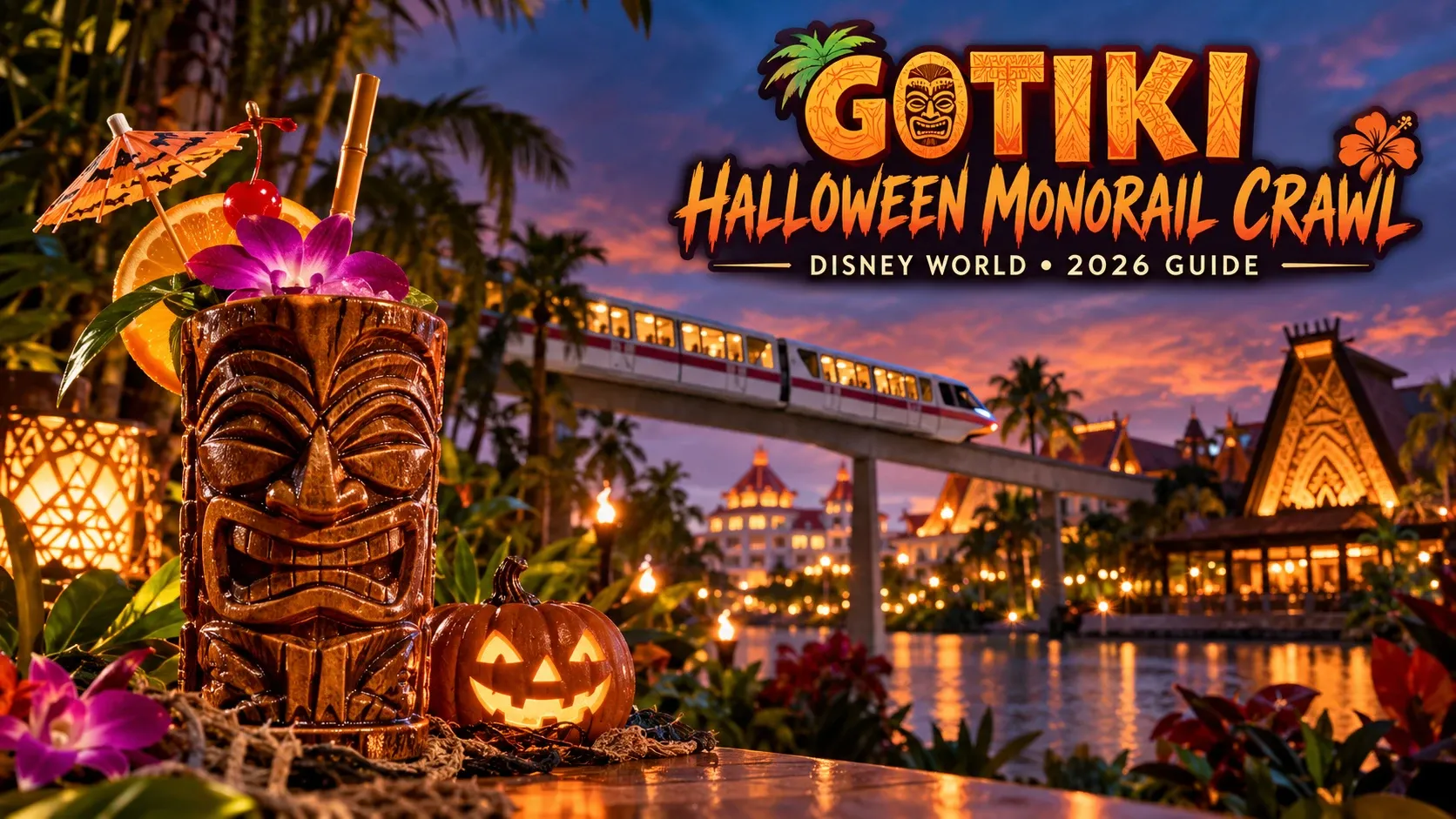 GOTIKI Halloween Monorail Crawl 2026 featured artwork with a tropical tiki cocktail, Halloween pumpkin, and Disney-style monorail at sunset.