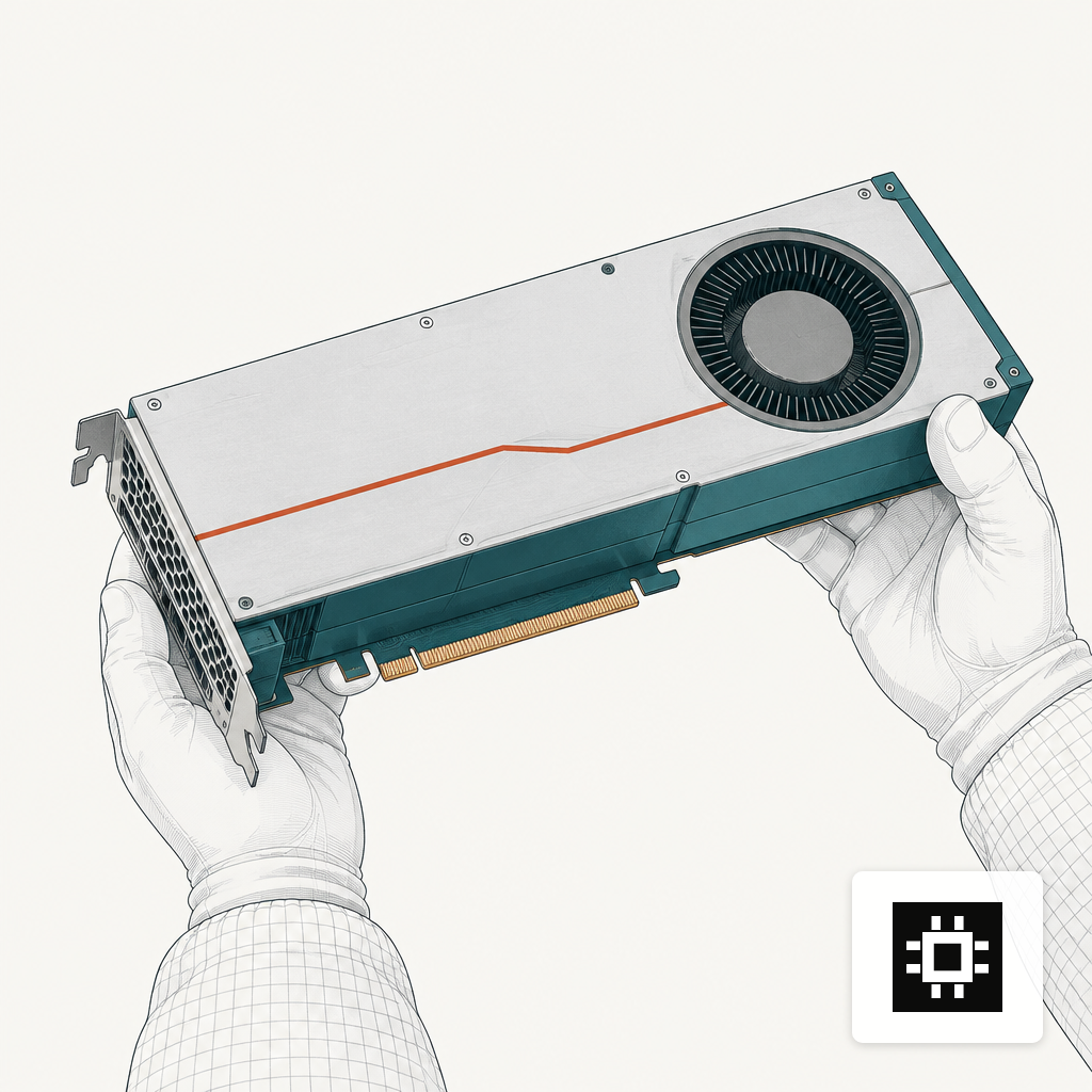 Hands holding a data-center GPU card.