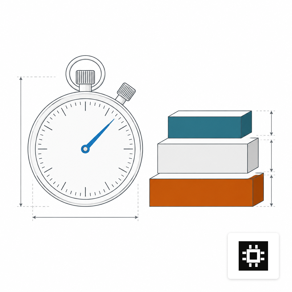 A stopwatch beside three stacked blocks of increasing size representing context length filling a fixed memory budget.