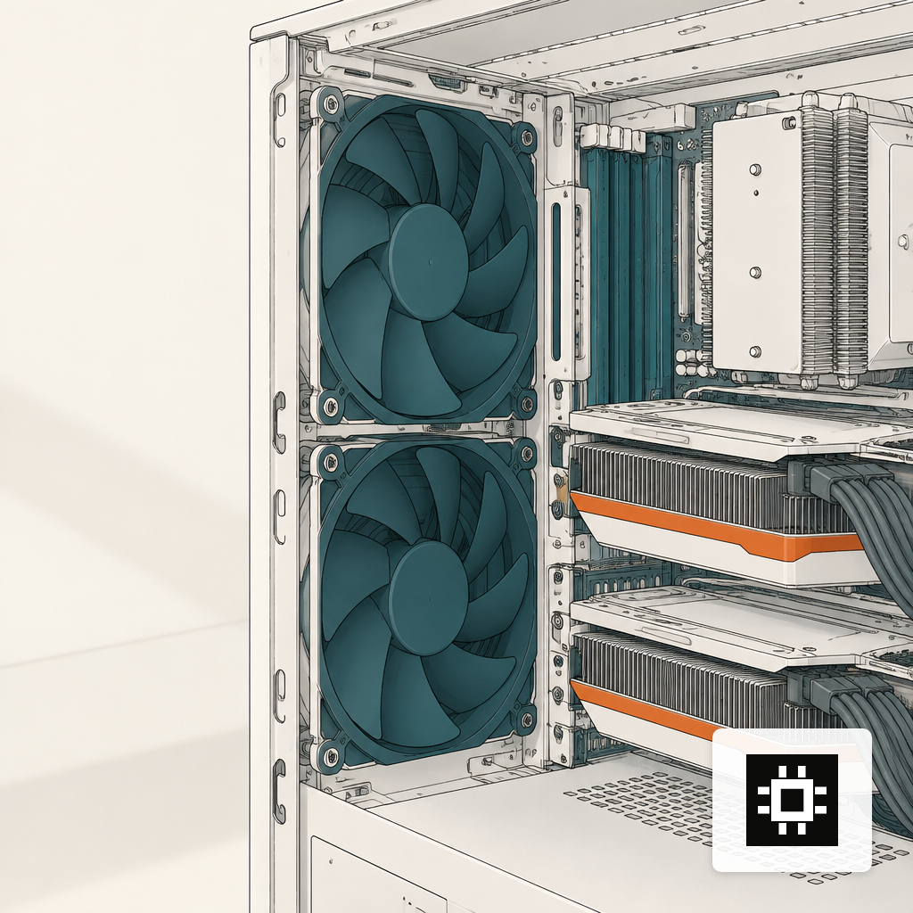 Interior of a tower GPU workstation showing large low-RPM cooling fans and GPU heatsinks.