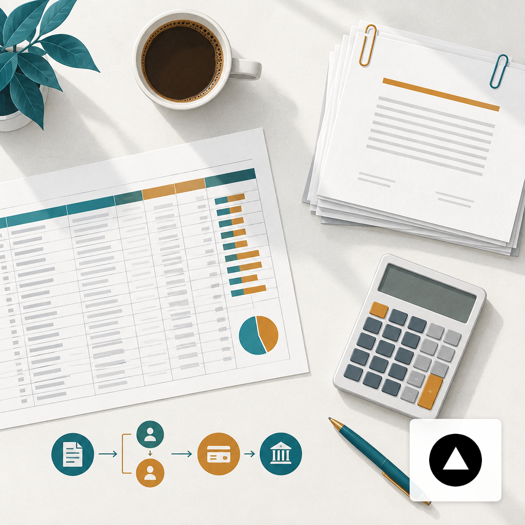 Overhead view of a recruiter's desk with a spreadsheet, calculator, and stacked contracts.
