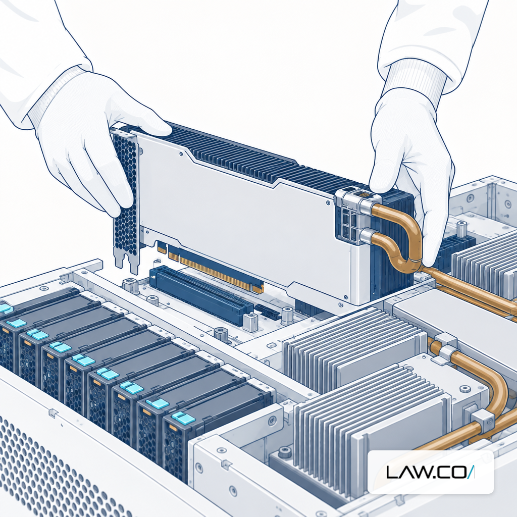 Gloved hands installing an accelerator card into a server chassis with liquid cooling plumbing visible
