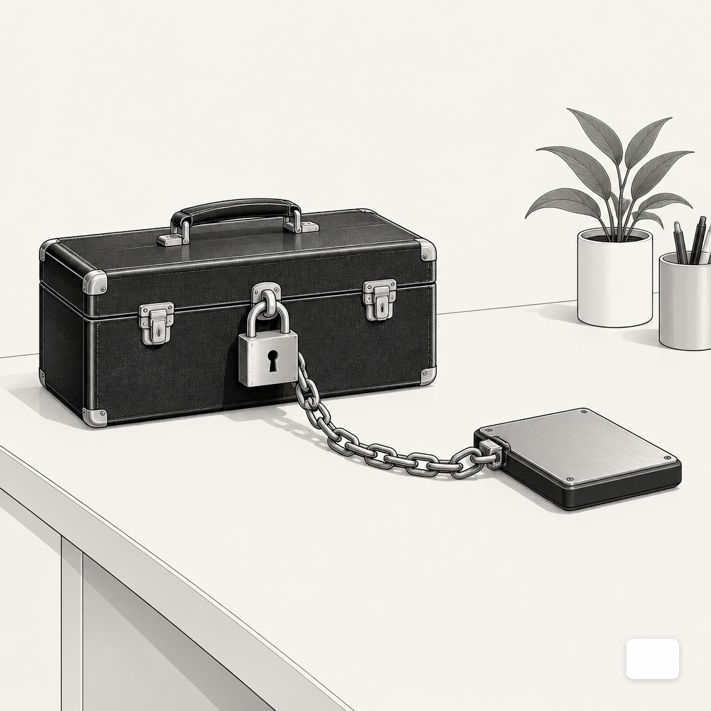 Locked briefcase chained to a hard drive, suggesting controlled custody of protected health information.