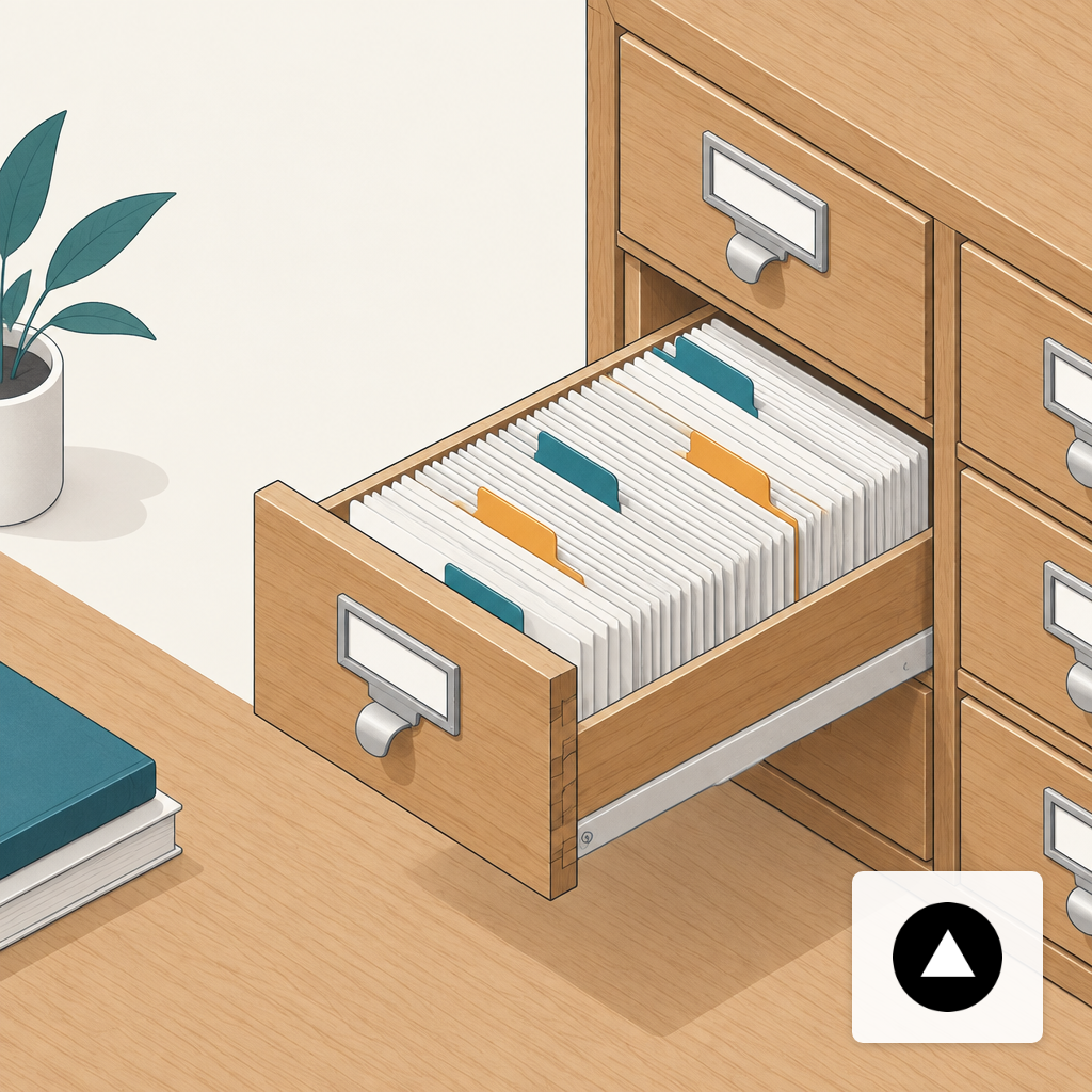 Open card catalog drawer with color-tabbed index cards on a wooden library desk