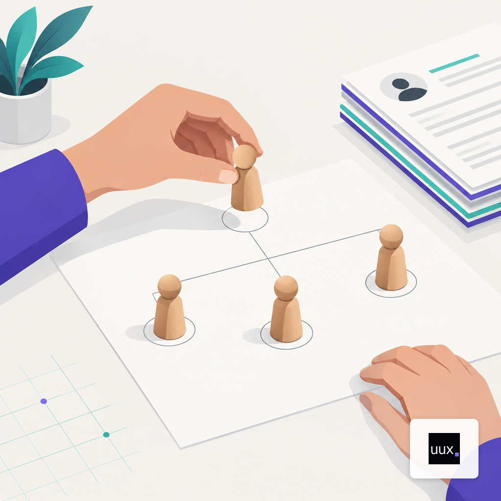 Hands placing a figurine on a printed org chart next to a stack of resumes.