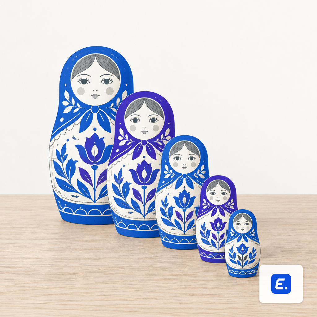 Nested matryoshka dolls arranged from largest to smallest on a wooden desk.