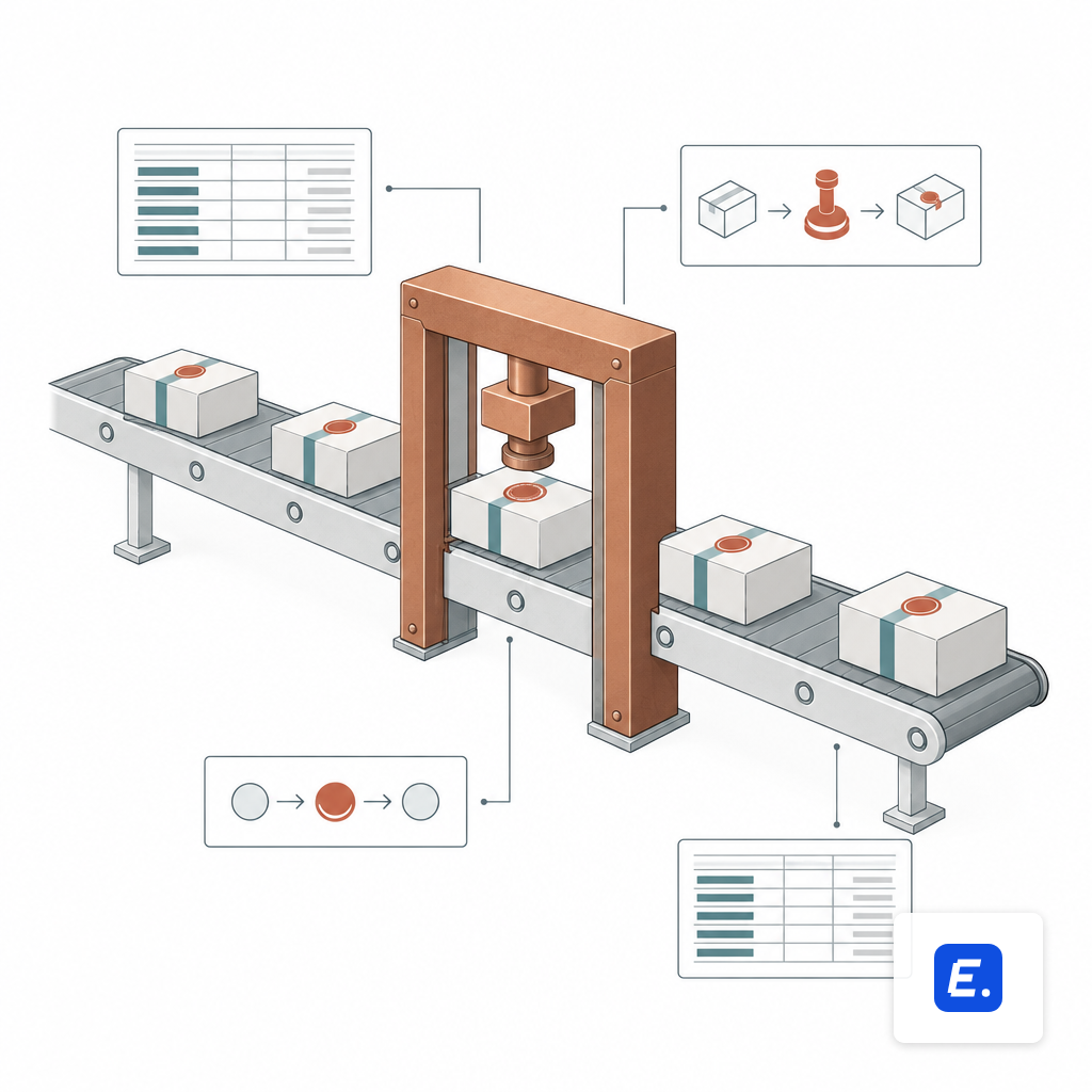 Parcels moving along a conveyor past a gated checkpoint that stamps each one before release