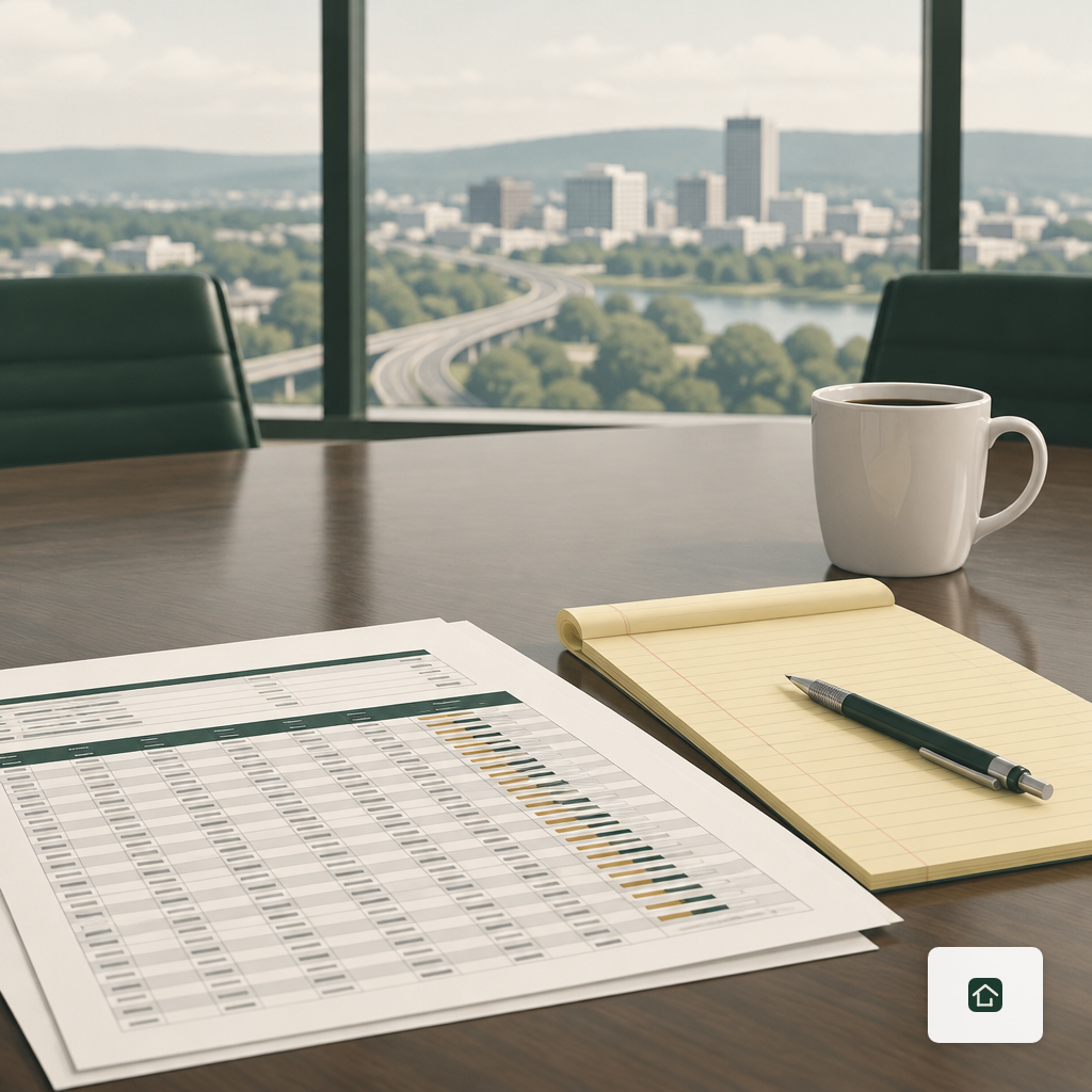 An underwriter's desk with a loan schedule, legal pad and coffee cup, overlooking a Northwest Arkansas skyline.