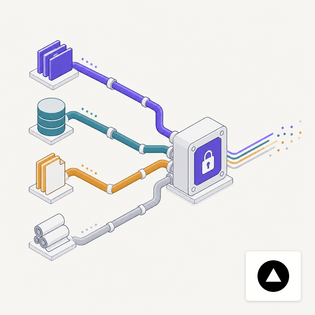 Color-coded pipes from different data sources merging into a single secure gateway