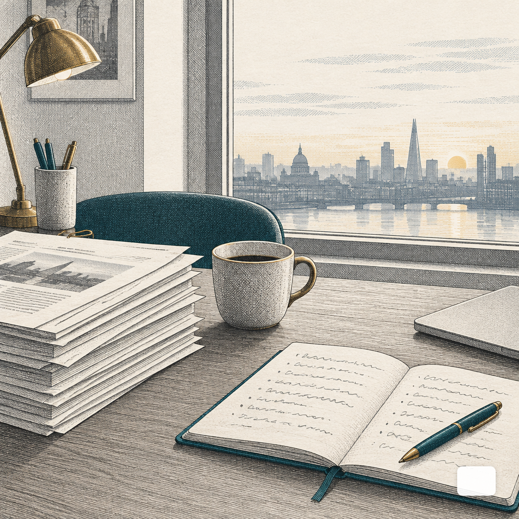 A reporter's early morning desk with coffee, printed drafts and an open notebook.