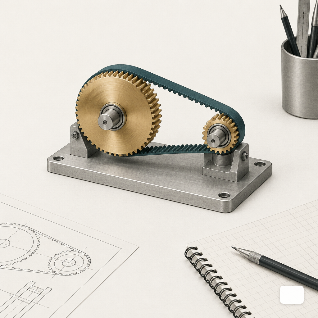 A brass gear and smaller gear connected by a feedback belt on an engineer's desk, suggesting a closed improvement loop.