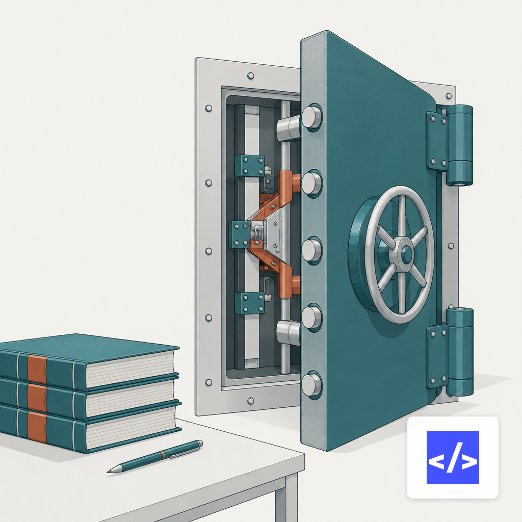 Partially open steel vault door showing a precision interlock mechanism beside a stack of ledger books.