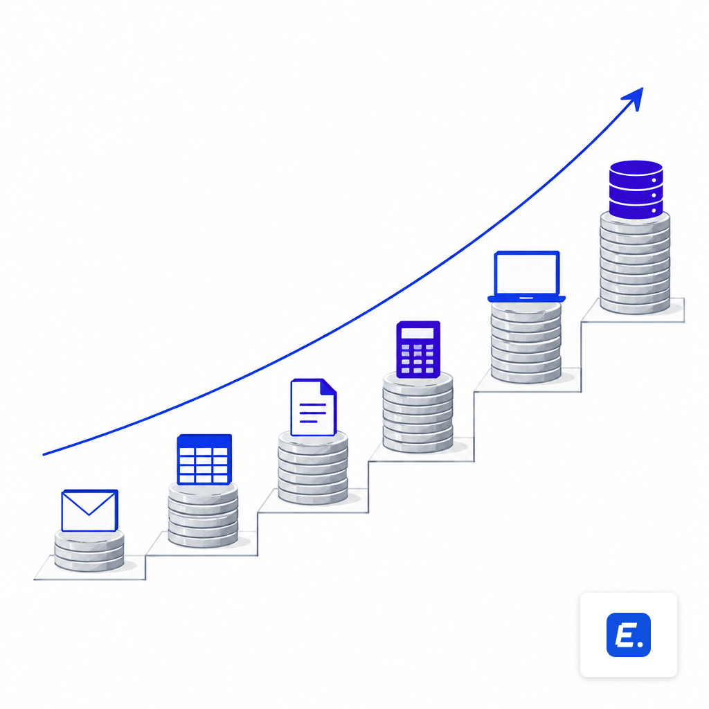 Stack of coins climbing a staircase, suggesting compounding renewal costs