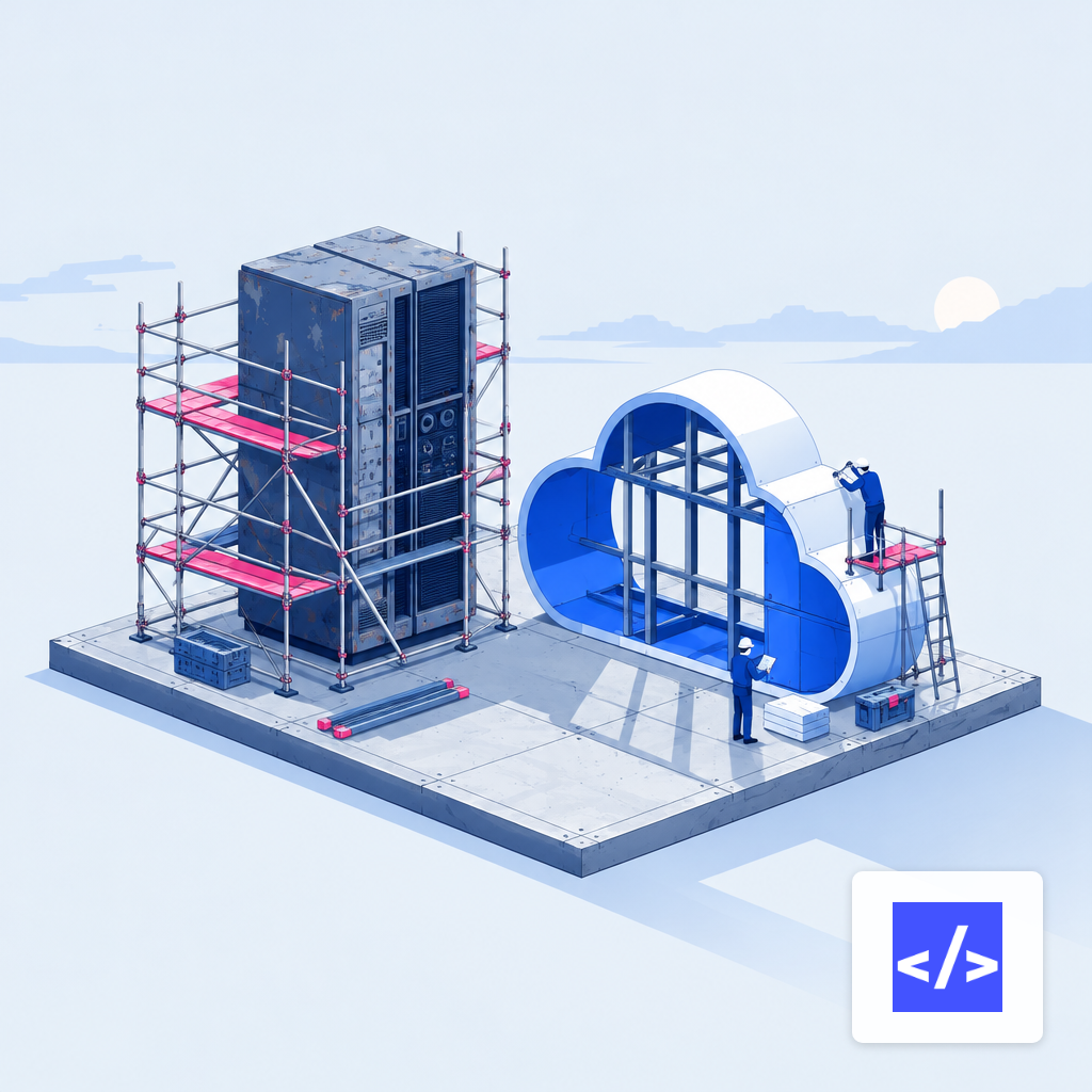 A legacy mainframe cabinet alongside a new cloud structure being built on the same foundation