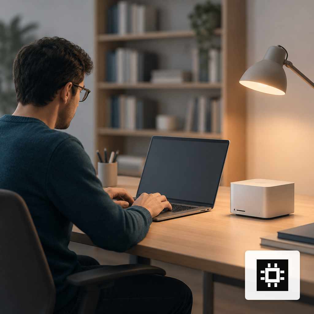 A developer working at a desk with a compact desktop AI workstation beside the laptop