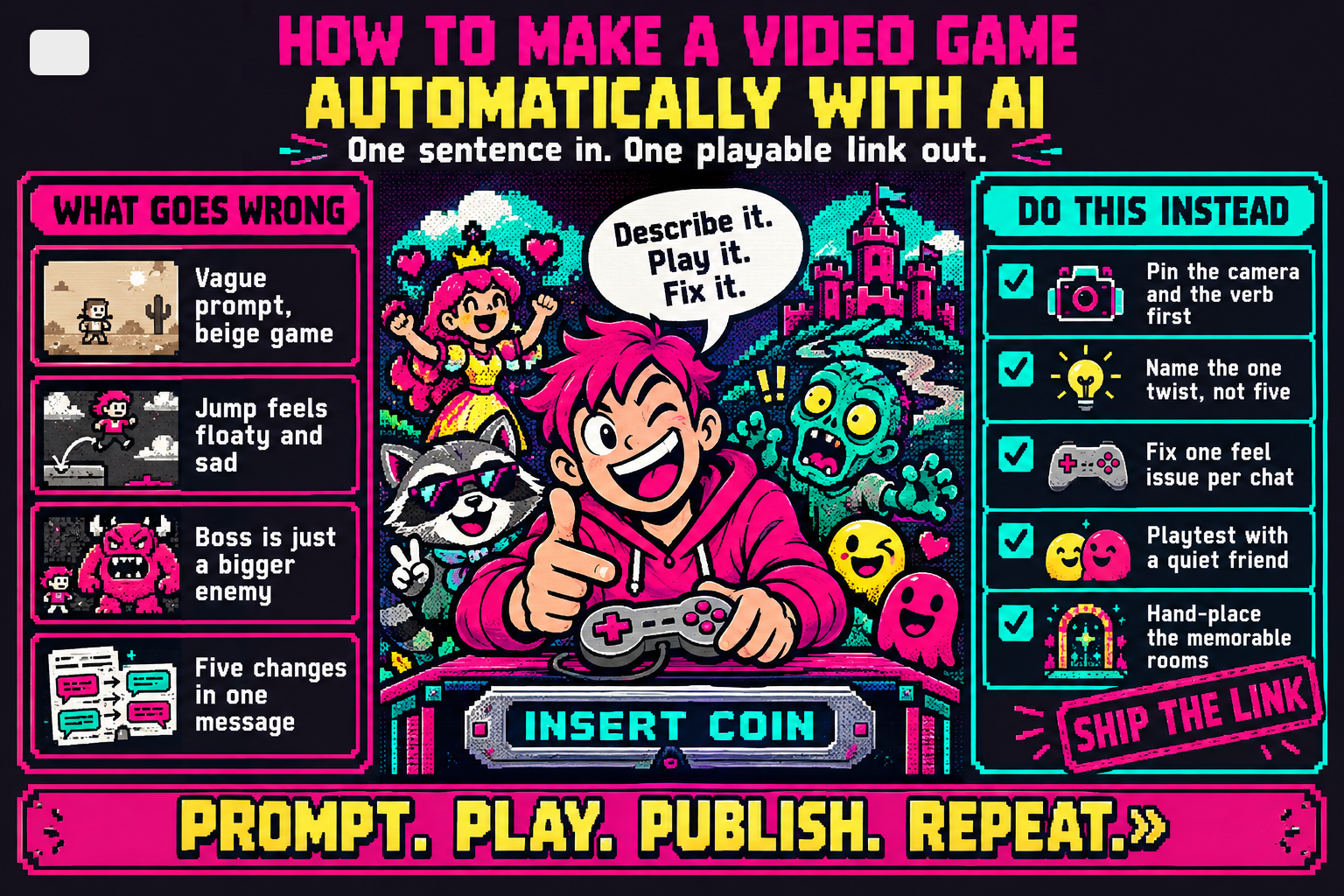 Illustrated infographic poster of a wizard turning a plain-English sentence into playable browser games inside a laboratory.