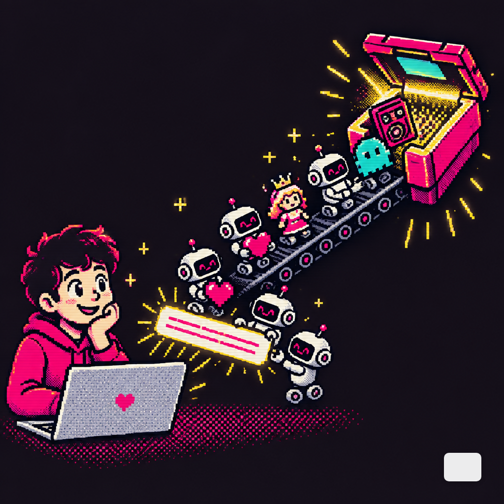 Cartoon assembly line of tiny robots turning a one-sentence prompt into code, art and sound for a game cartridge.