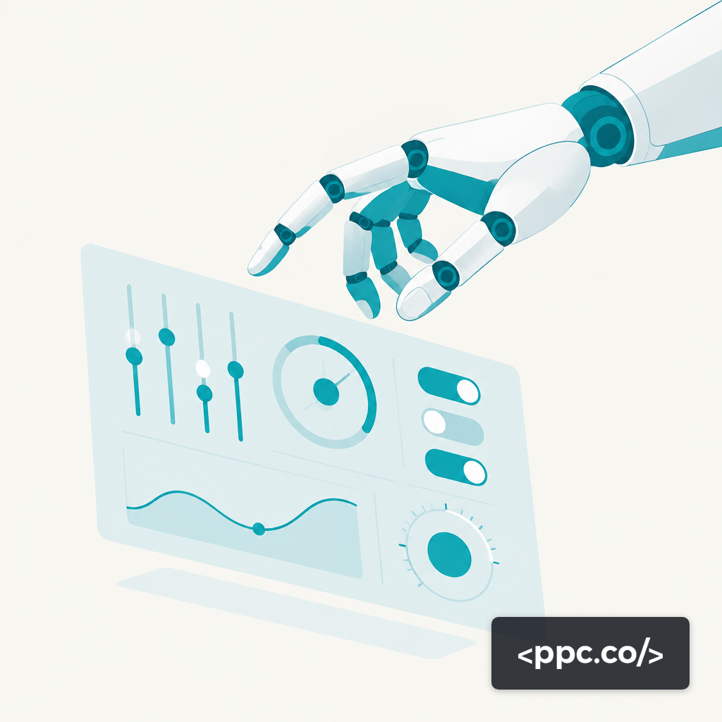 An abstract robotic hand adjusting sliders and dials on a floating control panel
