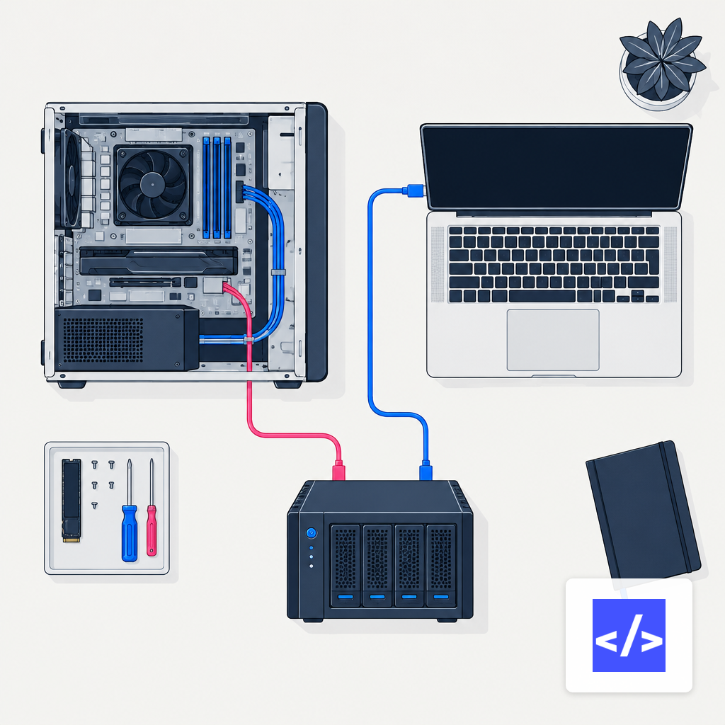 An overhead workbench view of a laptop, desktop, and small server connected by labeled cables.