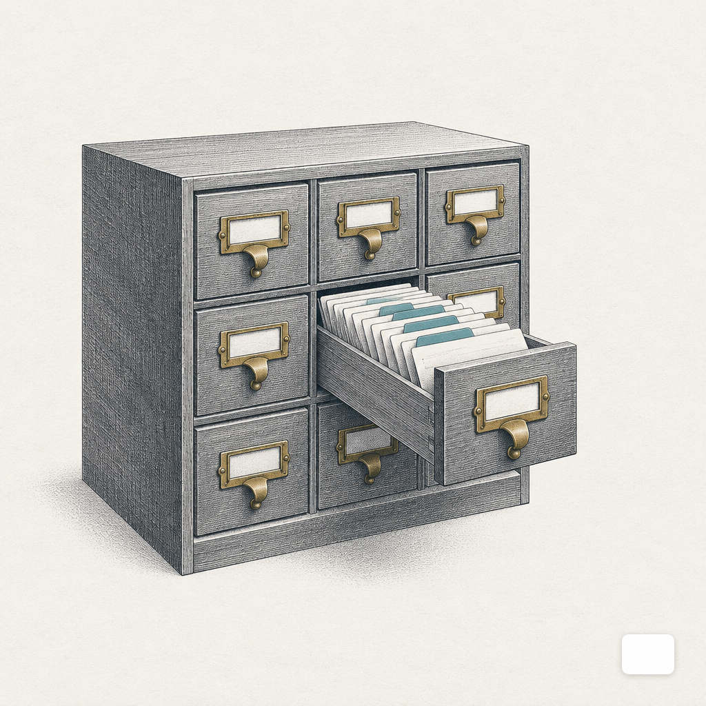 An open card catalog drawer with index cards fanned out