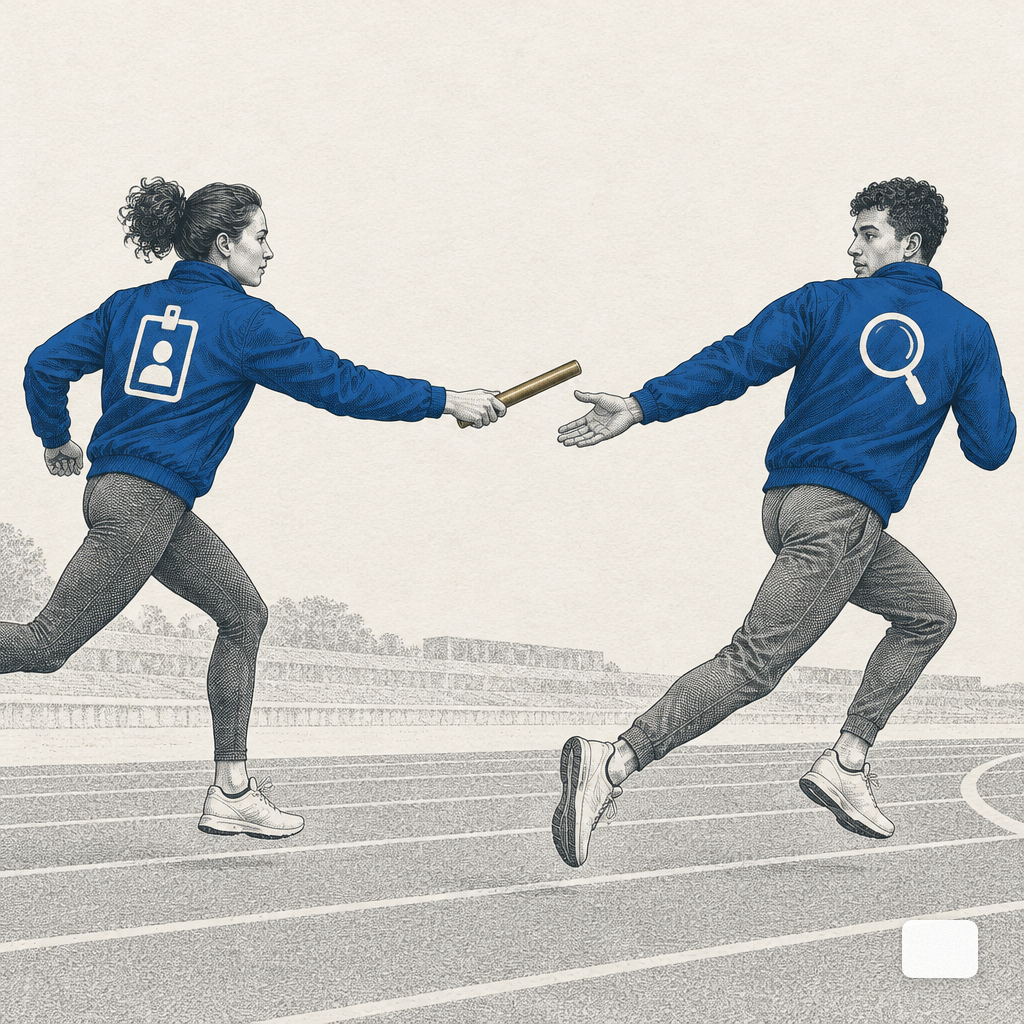 A relay baton handoff between a press-themed runner and a search-themed runner.