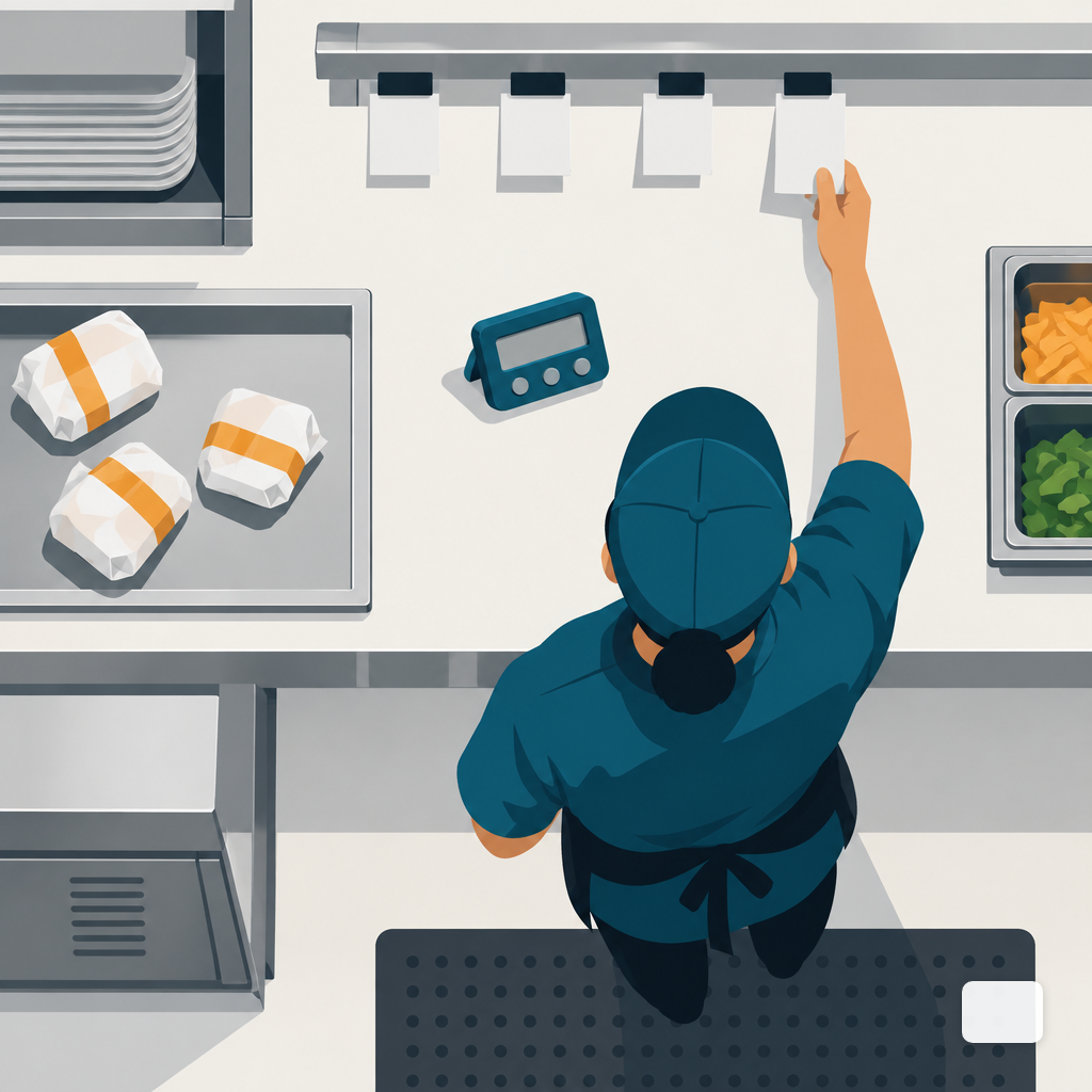 Kitchen pass at the end of the breakfast rush with a timer past the cutoff