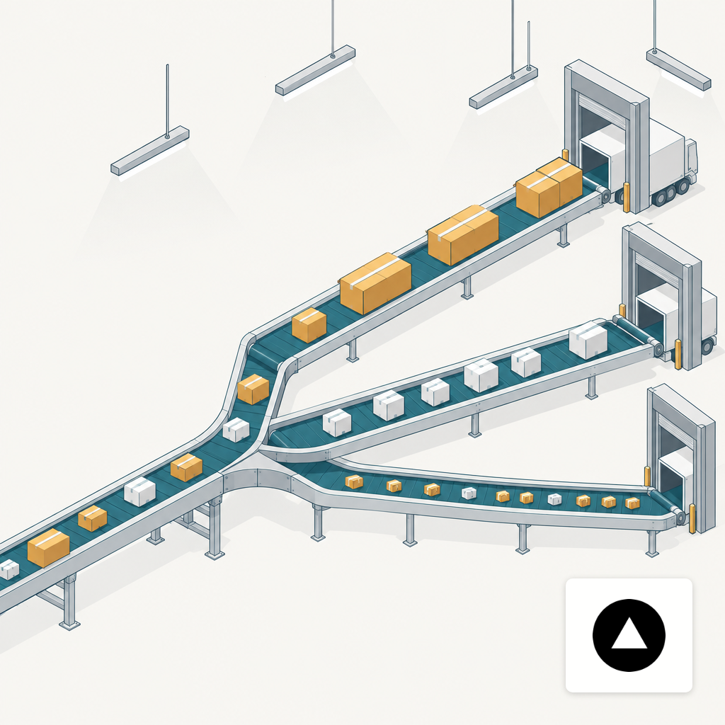 An overhead view of a conveyor sorting system splitting packages into three lanes, representing a router dispatching tasks to three model backends.