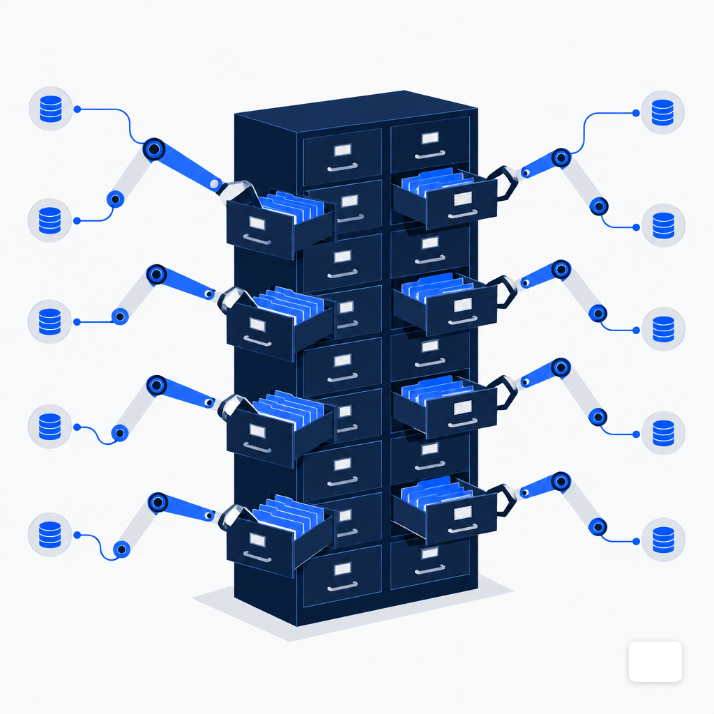 Mechanical arms opening many labeled drawers of one filing cabinet at once, illustrating per-tenant migration fan-out.