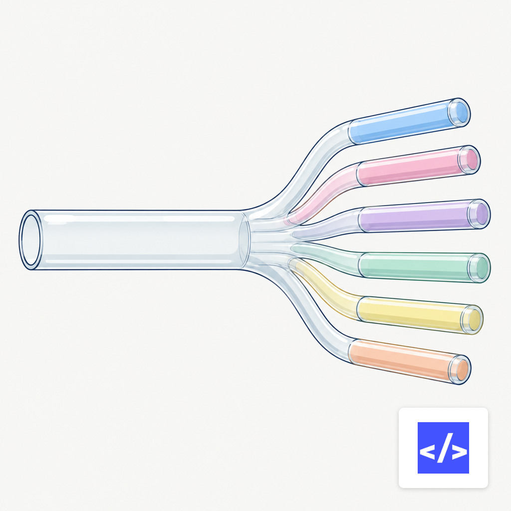 One transparent pipe splitting into many smaller sealed colored pipes