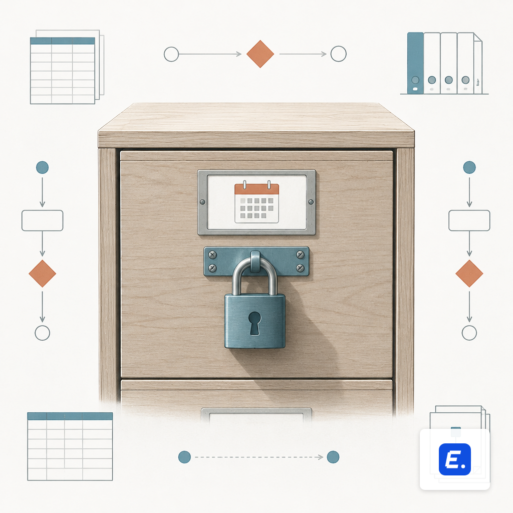 A padlock sealing a filing cabinet drawer, representing a period-lock on the ledger