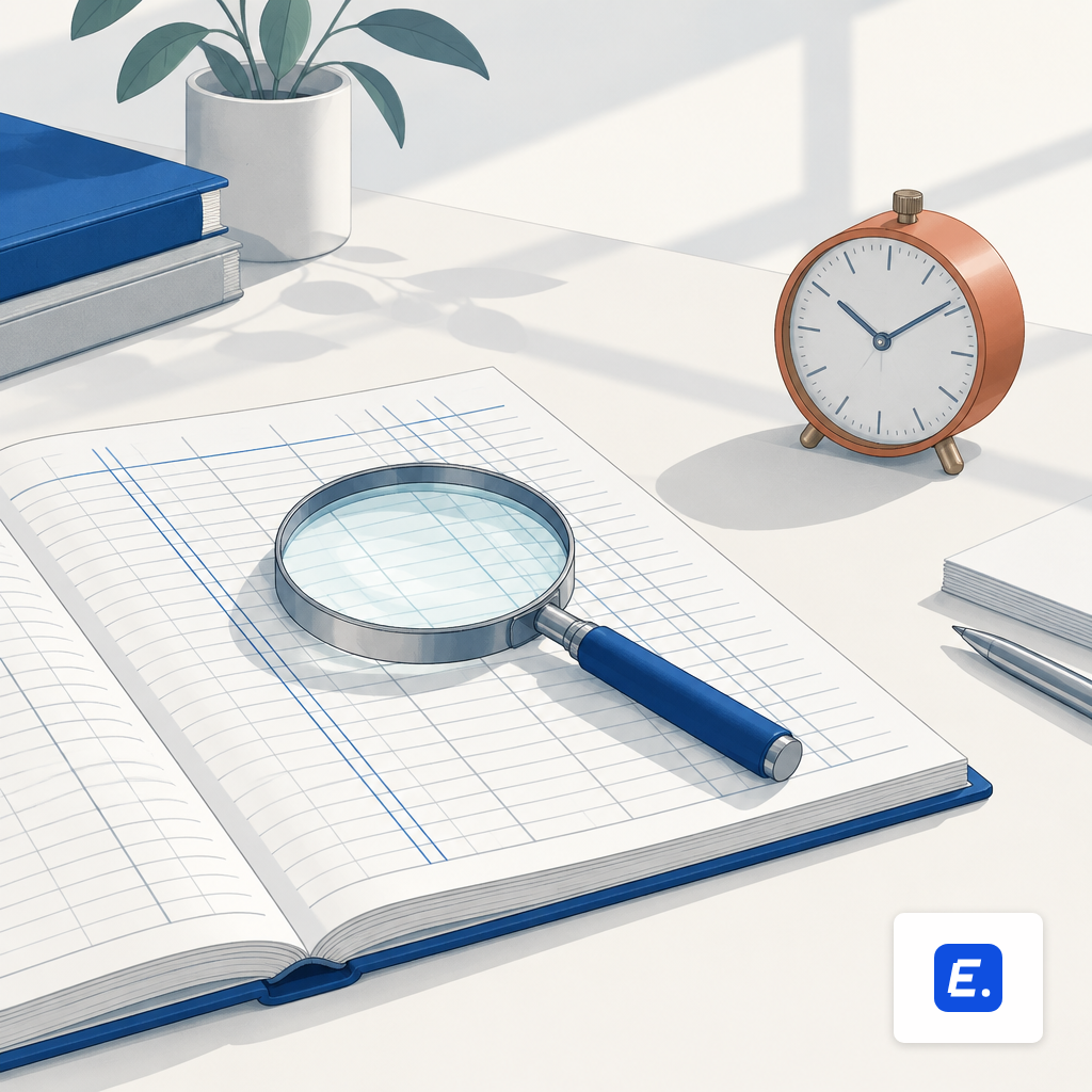 Magnifying glass and mechanical clock resting on an open ledger