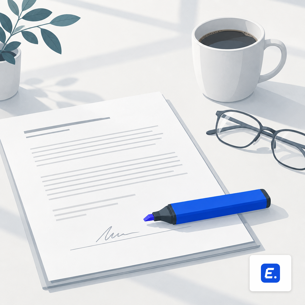 A software renewal contract on a desk with a highlighter resting across the signature line.