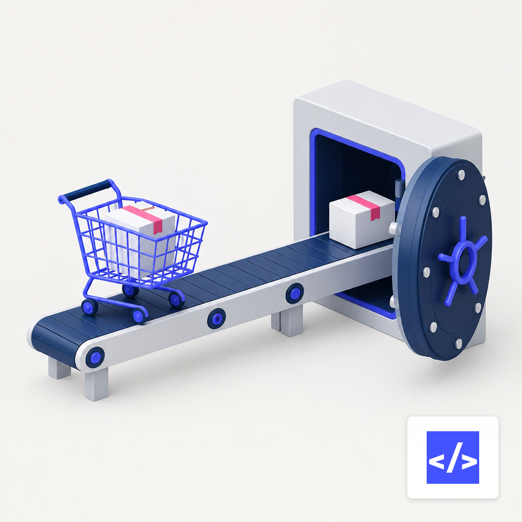 A shopping cart handing a package through a vault door, illustrating the cart-to-checkout handoff