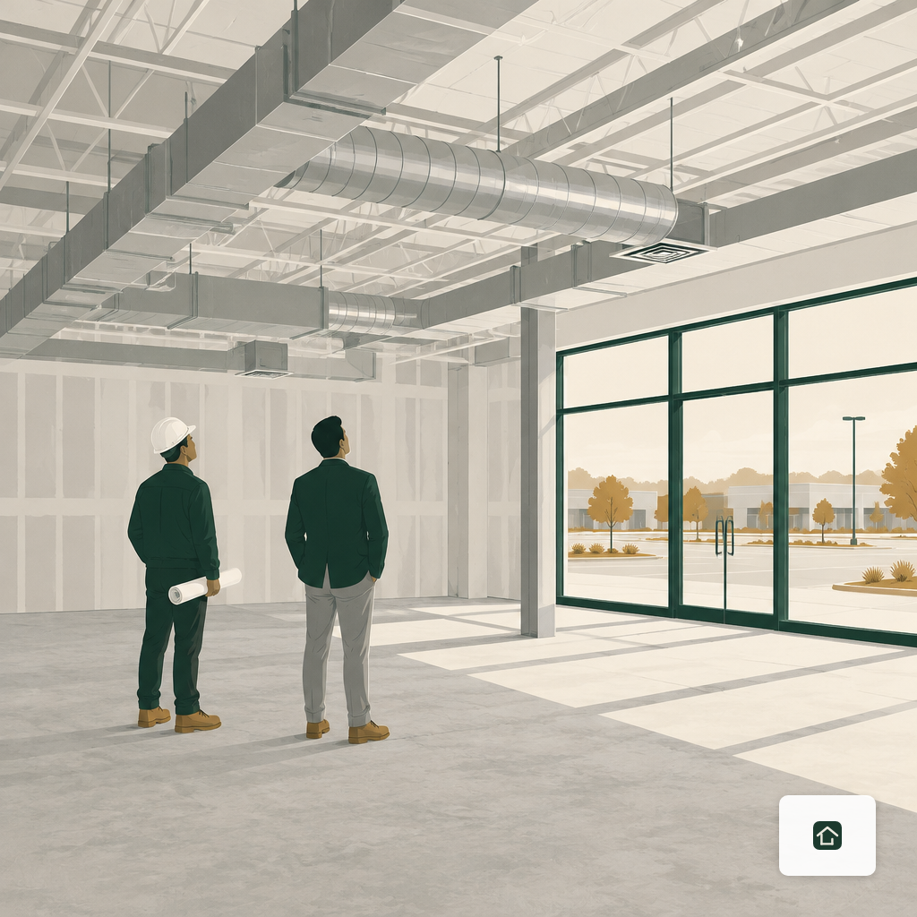 Two people inspecting the interior shell of a vacant second-generation retail space.