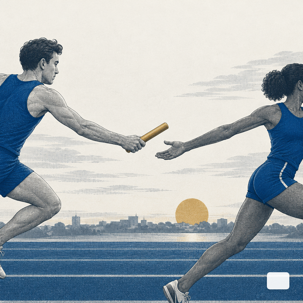 Runners passing a relay baton on an outdoor track at dusk.