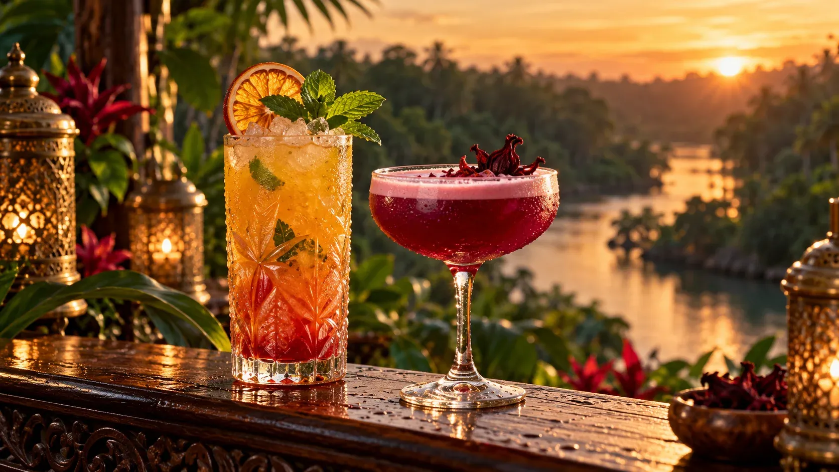A tropical cocktail and a magenta hibiscus mocktail on a wood ledge overlooking a jungle river at sunset