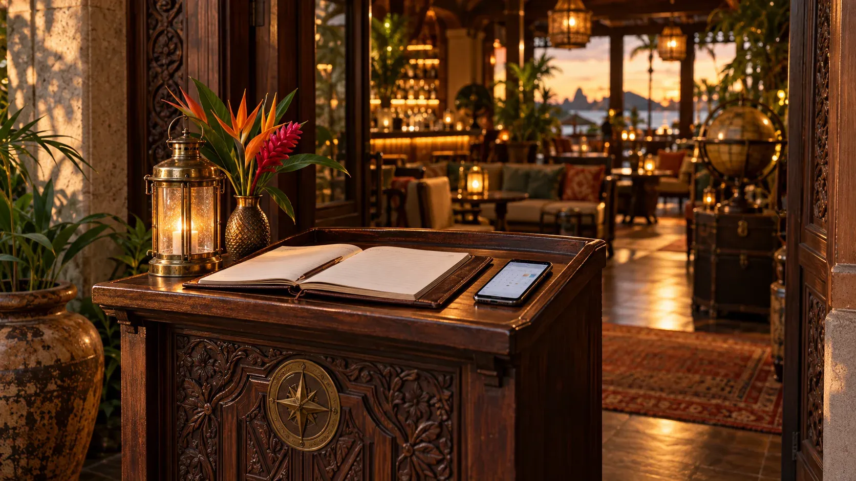A carved wood host stand with a reservation book, a smartphone and a lantern at the entrance to a lantern-lit lounge