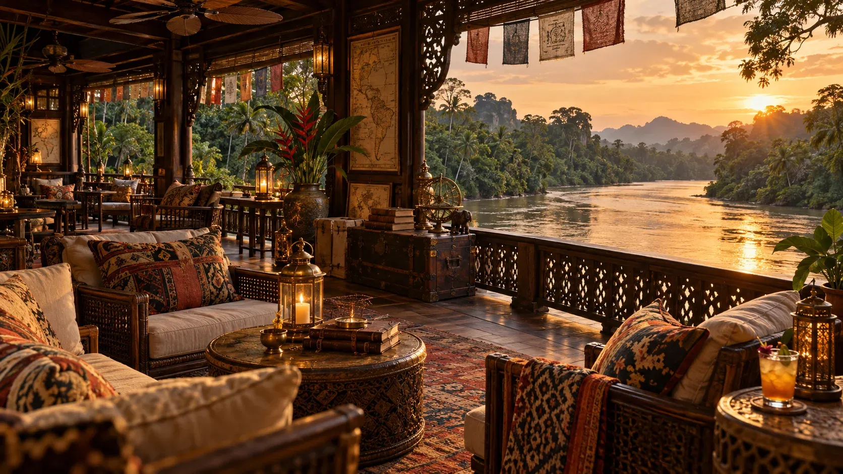 A quiet covered lounge terrace with cushioned armchairs and lanterns overlooking a jungle river at golden hour