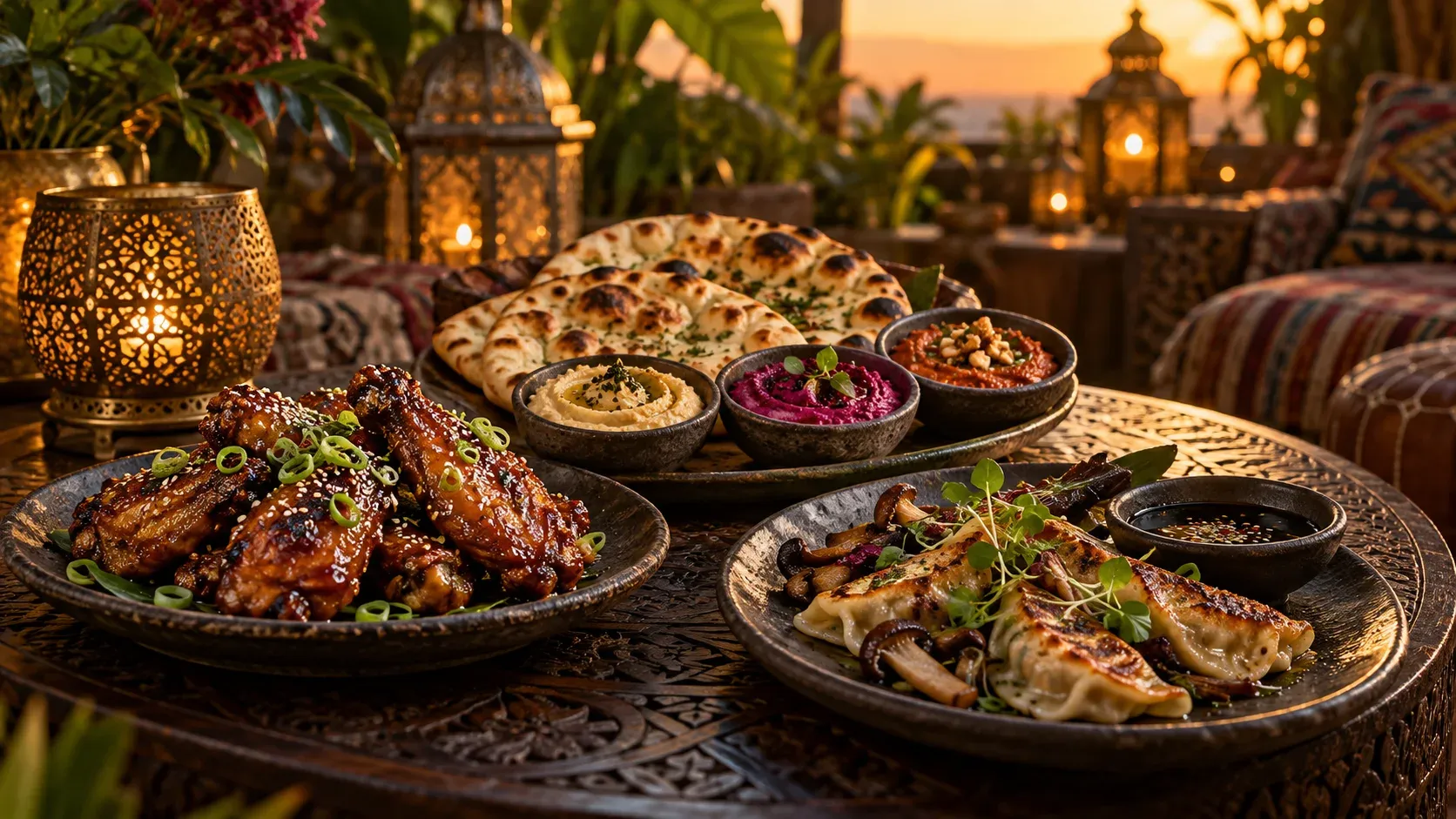 Three shareable small plates on a carved wood table: glazed chicken wings, naan with three dips, and mushroom dumplings