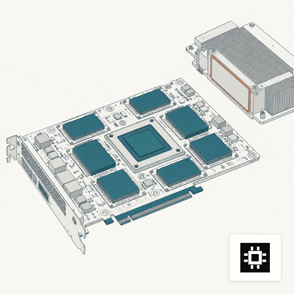 Close-up of an AI accelerator board with central die and surrounding memory stacks on a workbench.