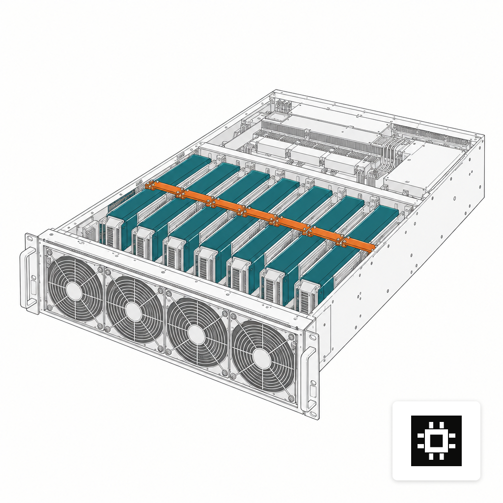 Cutaway of an eight-GPU AI server with visible accelerators and cooling.