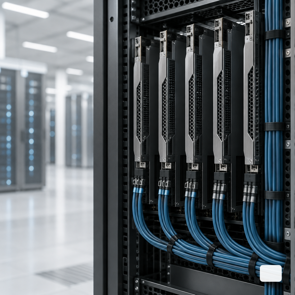 Rack-mounted GPU server with multiple accelerator cards and dense cabling