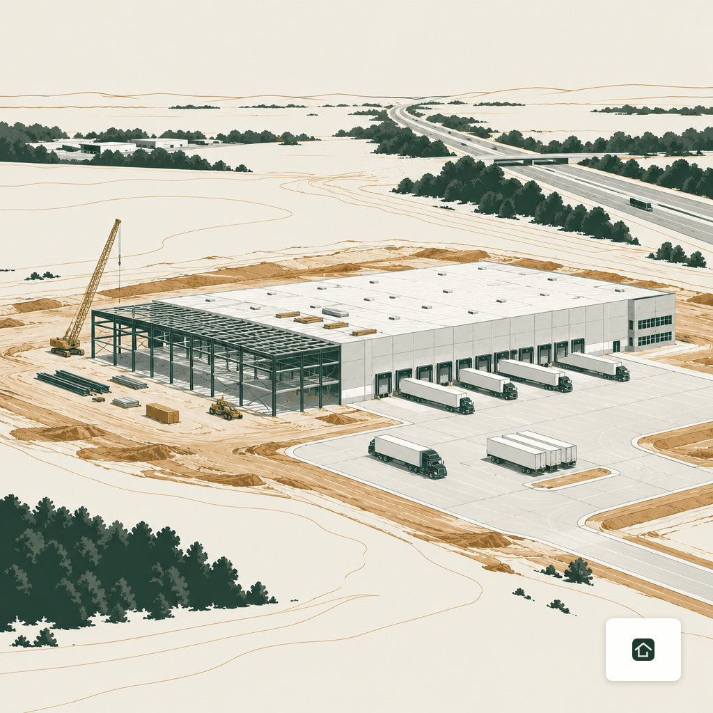 A modern bulk distribution warehouse under construction with loading docks and trailers parked at the site.