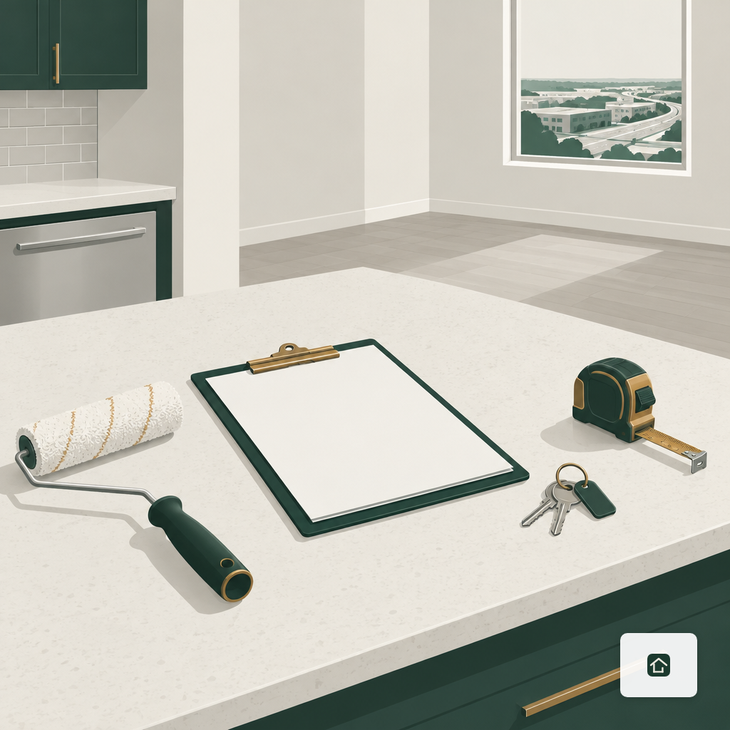 A clipboard, keys, and paint roller on the counter of an apartment unit being turned