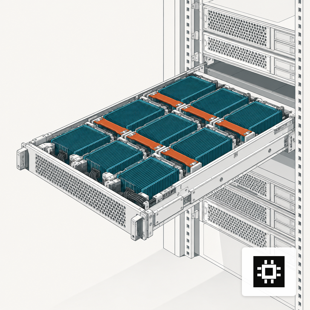 An eight-GPU server tray partially extended from a rack, showing heatsinks and interconnect bridges.