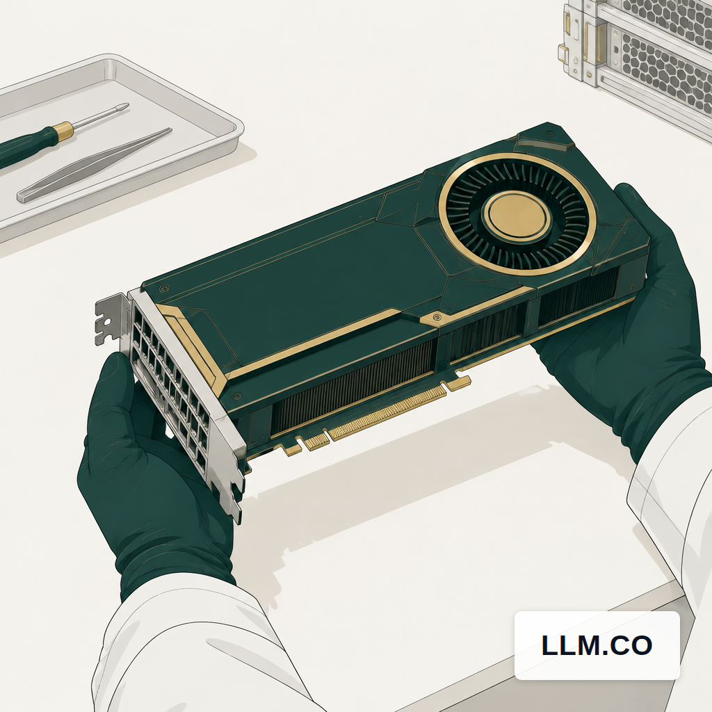 A GPU accelerator card being examined by hand, illustrating the hardware unit behind training economics.