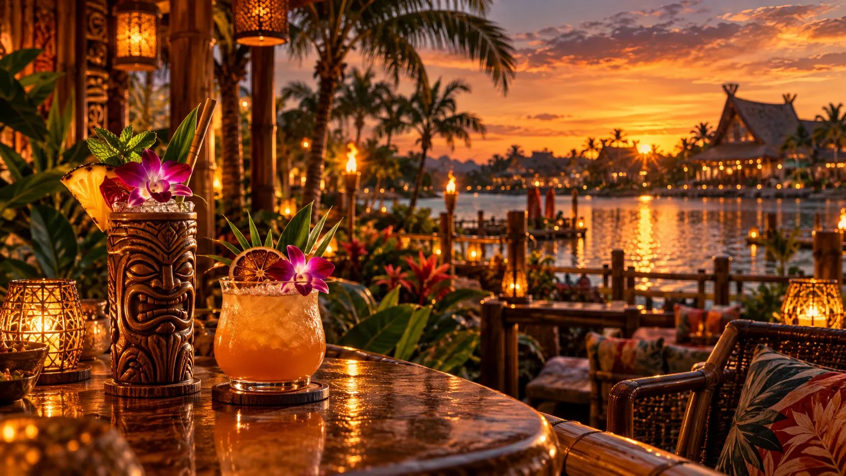 Tiki cocktails on a candlelit bamboo bar overlooking a lagoon with torches, palm trees and a Polynesian-style lodge at sunset.